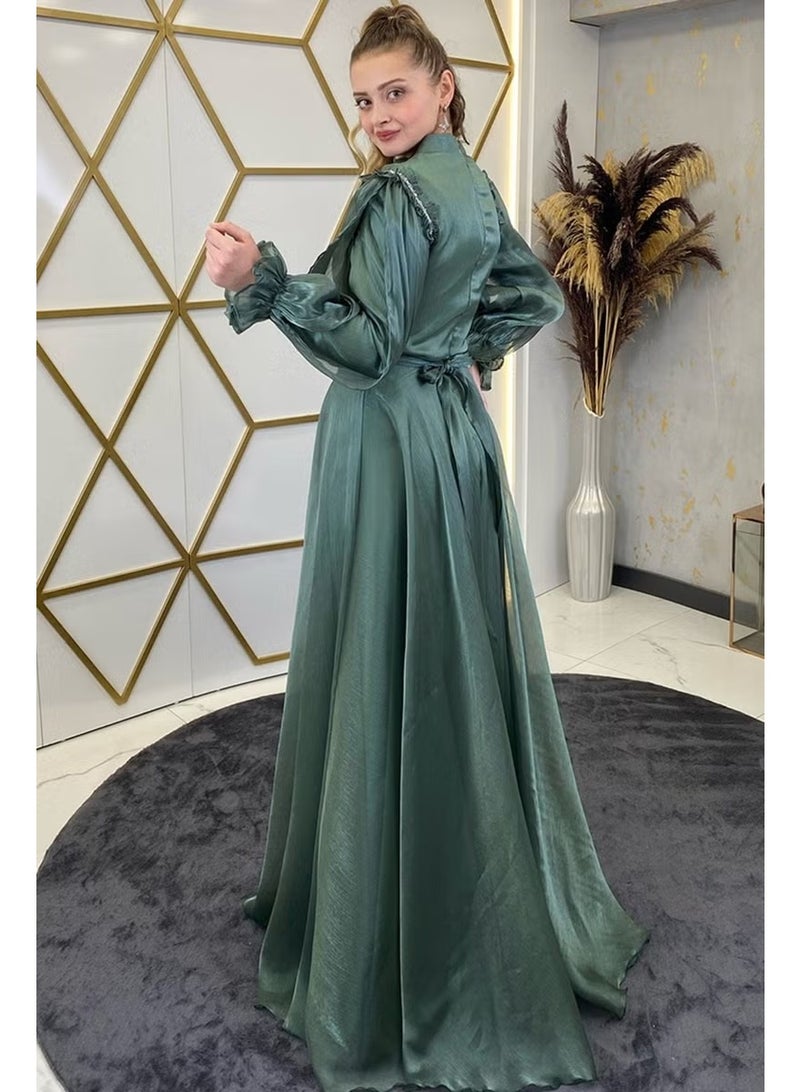 Esilanur Sema Shoulder Stone Hijab Evening Dress Khaki - Image 2